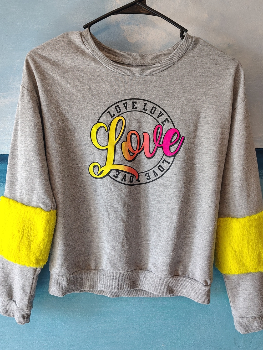 Girls' Size 14 Large Gray Sweatshirt with Fuzzy Sleeves & Yellow/Pink Love